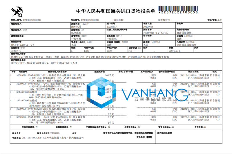 英國空運稀釋劑進口報關(guān)資料